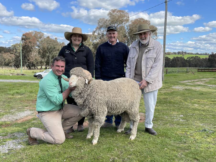 With the top priced ram - Tim Woodham, Nutrien, Wagga Wagga, Ally Jaffrey, Nutrien Crookwell, buyer Michael Lowe, Crookwell, and vendor Winston McDonald, Royalla Merino stud, Wallendbeen. Photo: supplied

