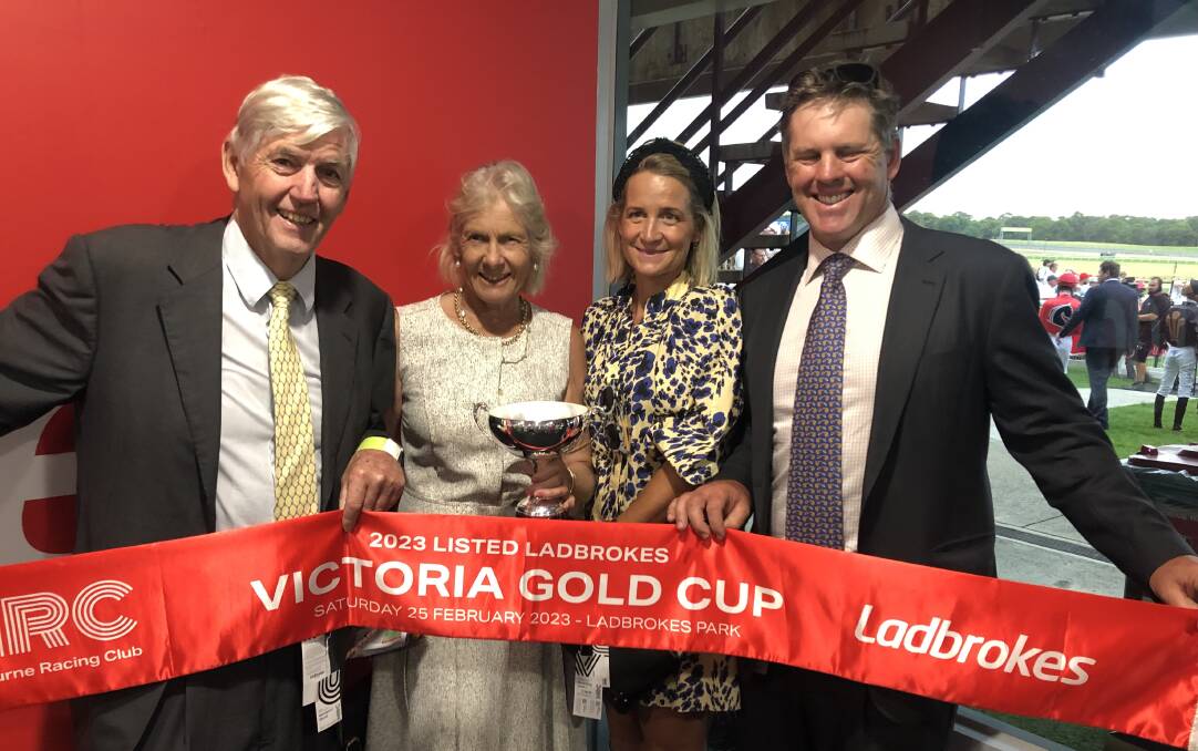 Celebrating their win in the 2023 Ladbrokes Victoria Gold Cup: Steve, Jude, Emma and Matt Merriman. Picture supplied by Merriman family.