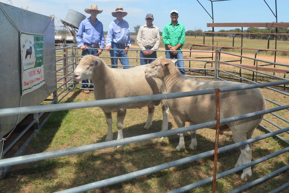 Lachlan Croake, Milling Stuart, Dunedoo with top purchasers Greg Sullivan, Dunedoo and Rob Naef, Mendooran and Duncan O'Leary, Narranmore, Elong Elong with the two top priced rams. 