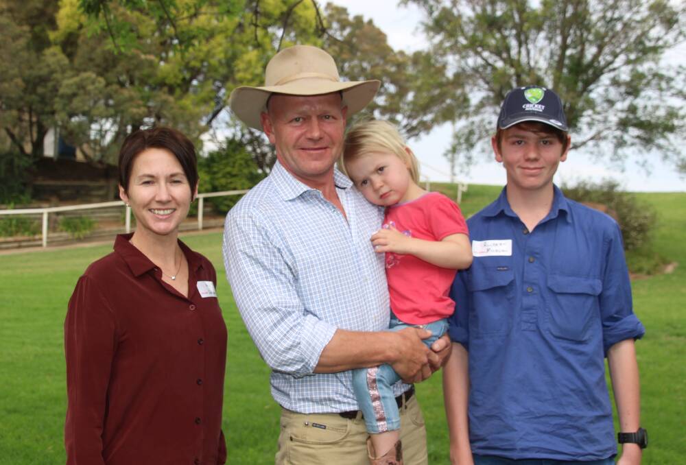 Volume buyers Ange, Pete and Jessica Schuster, Dubbo and nephew of the Schuster's Rupert Morgan after the sale