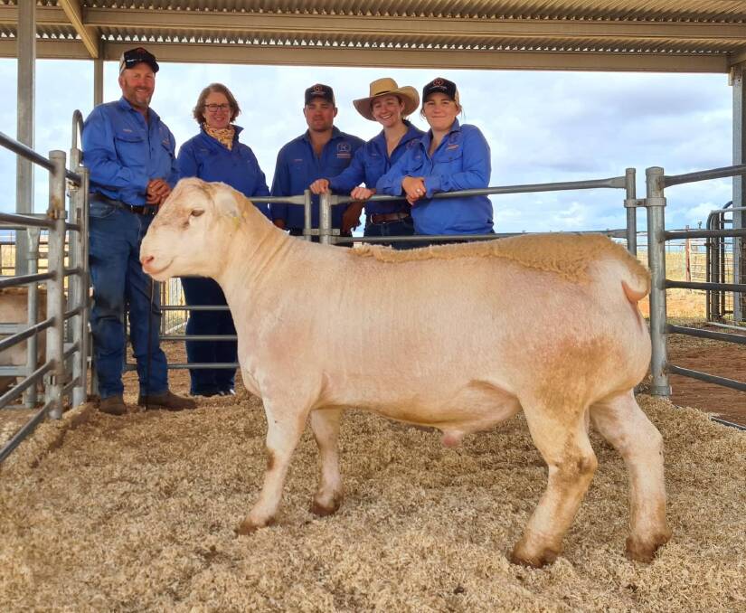The Mosley family with the top-priced ram from their recent sale. Photo: supplied