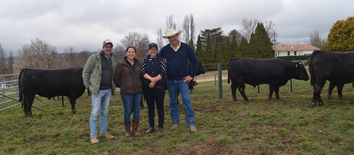 One of the volume purchasers, Hugh and Sheridon Brown, Newbridge with Annie Scott, Karoo Angus and auctioneer Ben Emms, Ray White Emms Mooney after the sucessfull sale on Friday