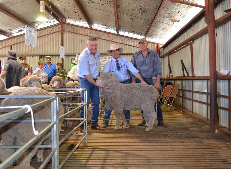 Brett Douglas and Jason Harton, Shute Bell Livestock, with Adrian O'Keeffe, Bungoona Merinos, and one of the top priced rams who sold for $3000.