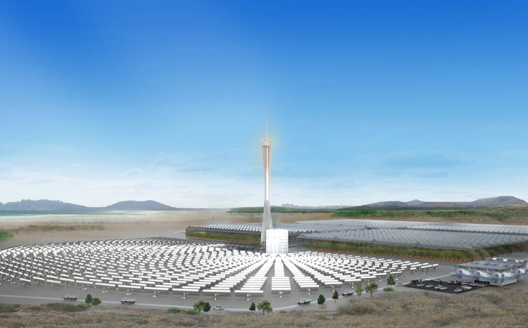 An artist's impression of the Sundrop Farms' solar-powered desalination plant and glasshouse officially opening later this year at Port Augusta.