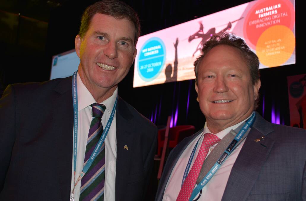 Queensland sheep and grain producer and National Farmers Federation president, Brent Finlay, in 2016, at the NFF Convention with Fortescue Metals chairman and West Australian beef producer, Andrew (Twiggy) Forrest.