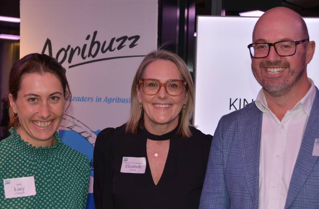 King and Wood Mallesons Lucy Cornwall, with Agribuzz guest speaker, Macquarie Asset Managements head of agriculture and natural assets, Liz OLeary, and Farm Writers Association of NSW vice president, Ben Waters, at the Sydney event hosted by KWM.
