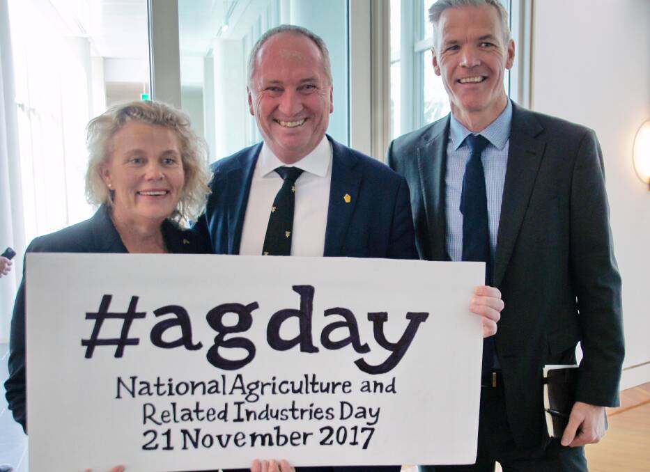 National Farmers Federation's first female president, Fiona Simson, from the NSW Liverpool Plains, promotes the inaugural NFF-sponsored National Agriculture and Related Industries Day in 2017 with Agriculture Minister, Barnaby Joyce and NFF chief executive officer, Tony Mahar.