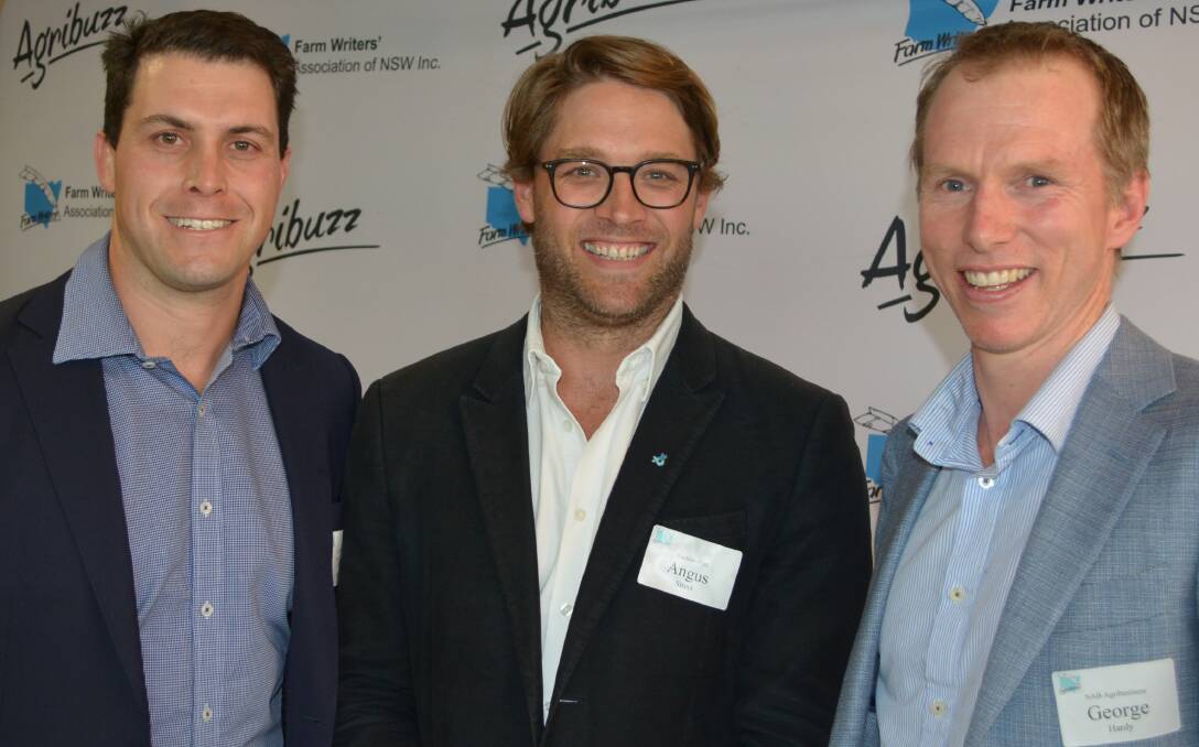 Guest speaker at NSW Farm Writers Associations Agribuzz event, AuctionsPlus chief executive officer, Angus Street (centre) with FTI Consulting agribusiness director, and host, Toby Browne and Farm Writers' president, George Hardy, National Australia Bank.
