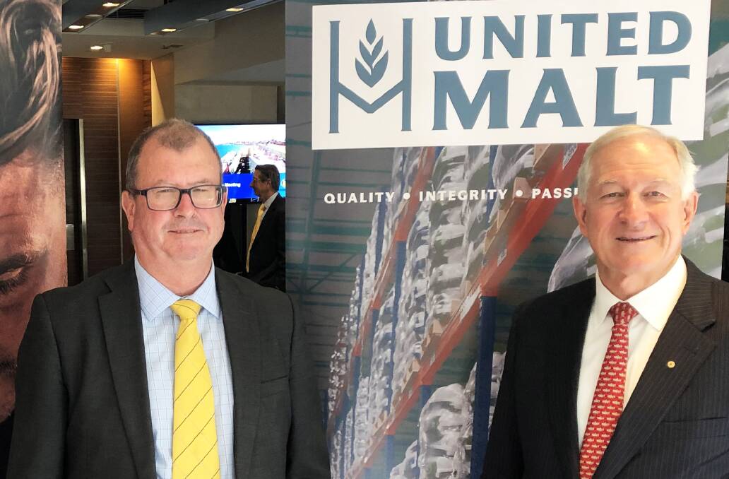 Incoming GrainCorp chairman Peter Richards and United Malt's chairman in waiting Graham Bradley, also the outgoing GrainCorp chair, at this week's shareholder meeting in Sydney where the spin-off of United Malt Group was approved. Photo Jess Simons