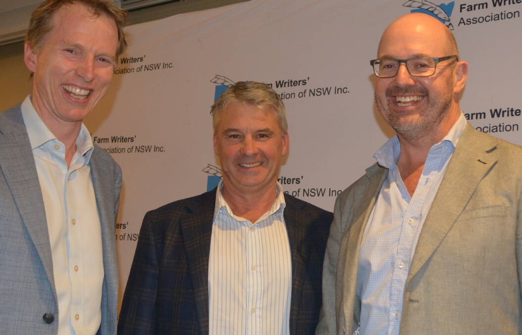 NSW Farm Writers Association president, George Hardy, with guest speaker and Endeavour Meats chief executive officer, Anthony Pratt, and FTI Consulting's head of Asia Pacific agribusiness, Ben Waters. Photo Andrew Marshall.