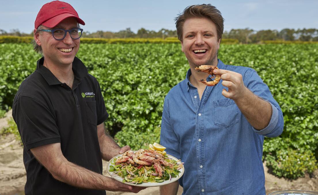 Farmer Chris Schreurs with Channel 10 television host of Farm to Fork, Michael Weldon.