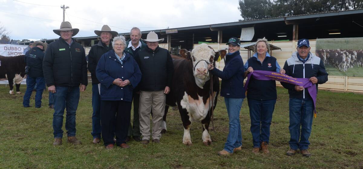 The $120,000 record-top priced bull with buyers Stephen Peake, Bowen stud, Barraba, and David and Olwyn (front) Lyons, Melville Park stud, Vasey, Vic, Nutrien representatives Howard Carter and John Settree, and vendors Emma, Del and Greg Rees of The Ranch Poll Herefords, Tomingley. Photo: Kate Loudon 