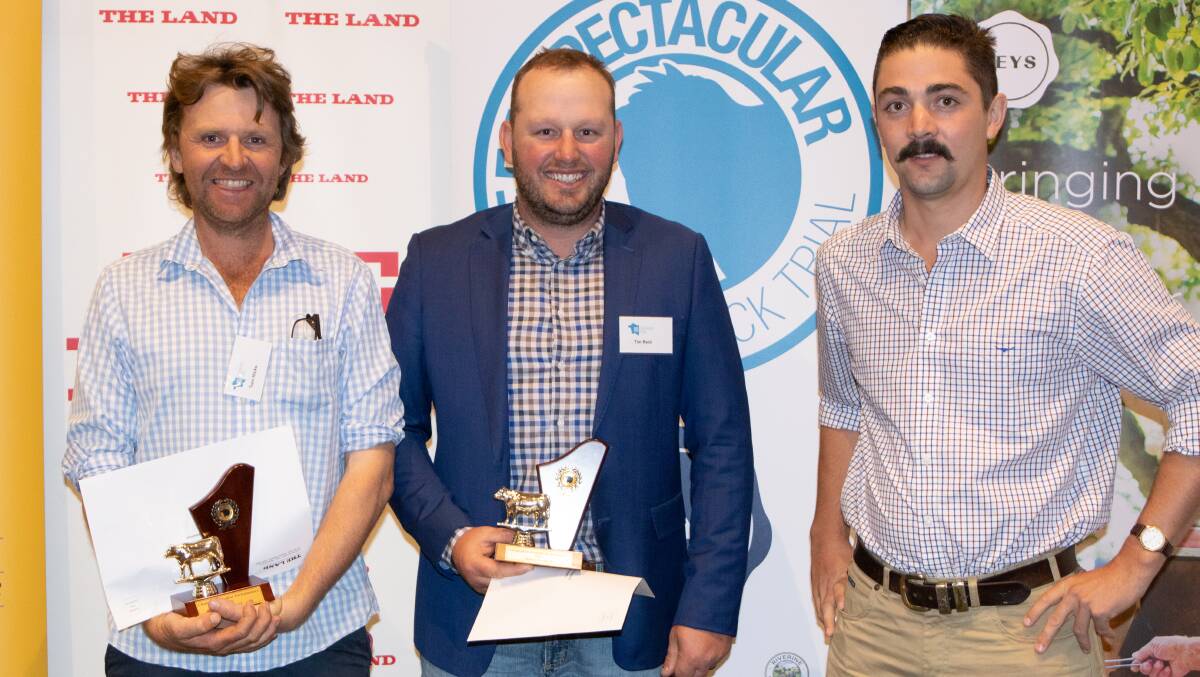 EQUAL CHAMPIONS: Tom Hicks, Hicks Beef, Holbrook, and Tim Reid, Melon Pastoral, Roslyn, were equal champions of the feedlot performance category. Pictured with Coopers Animal Health representatives Casey Gilbert, Darlington Point.