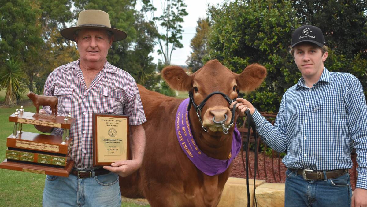 Geoff Ridge and grandson Ryan Carpenter, both of Ridgeview Livestock, Freemans Reach, with their supreme beef cattle exhibit of the 133rd Hawkesbury Show, Ridgeview Lady Gwyneth. Photo: Tahlia Chandler Photography