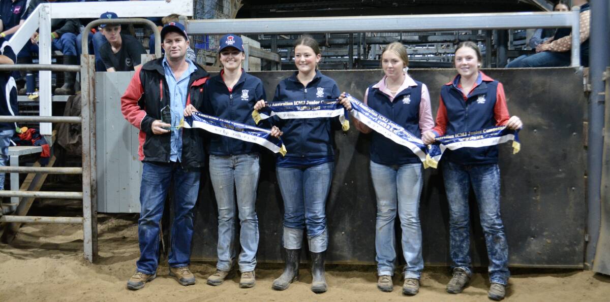 The reserve champion overall team from Kempsey High School including agriculture teacher Linc Urquhart, Freya and Lylah Weismantel, Phoebe Southwell, and Imogen Dries. 