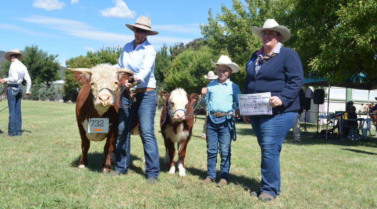 GRAND FEMALE: Sue Parish, Palisade stud, Bringelly, and Riley Collins, 11, Goulburn, hold Palisade Donna, alongside judge Renae Keith, Allenae Angus and Poll Herefords. 