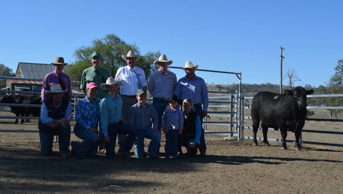 The $13,000 Angus bull with (front) Nathan Purvis, Colin Say and Co; buyers Julie, Lachlan and Sam Donnelly, "Baldnob", Glen Innes; Stephen and Shelley Durkin, Coolati; (back) C.L. Squires and Co agent, Terry Pyne; Landmark agent Ashley Faint, Inverell; auctioneer Paul Dooley, Tamworth; buyer Peter Donnelly, "Baldnob", Glen Innes; and vendor Ian Durkin, Mountain Valley stud, Coolatai. 