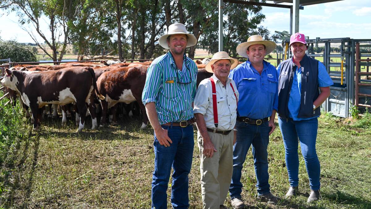 HEIFER WINNERS: Boorowa Show Society commercial cattle competition chairman Nick Gay, with entrants Roger Webster and Mick Corkhill, Tarengo, Boorowa, and judge Amy Dickens, JAD Speckle Park, Yeoval. 