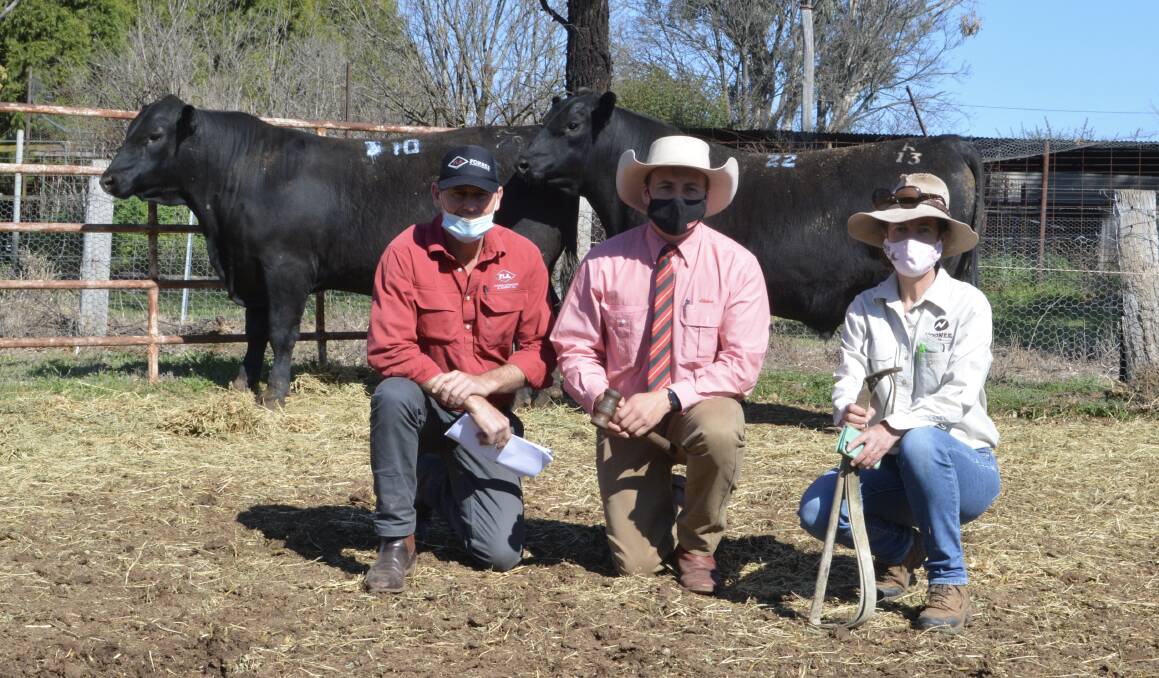 Two of the five $15,000 high-sellers with Randal Grayson, Forbes Livestock and Agency Co, Elders auctioneer Lincoln McKinlay, Inverell, and Noonee Angus principal Netta Holmes Lee, Larras Lee. 