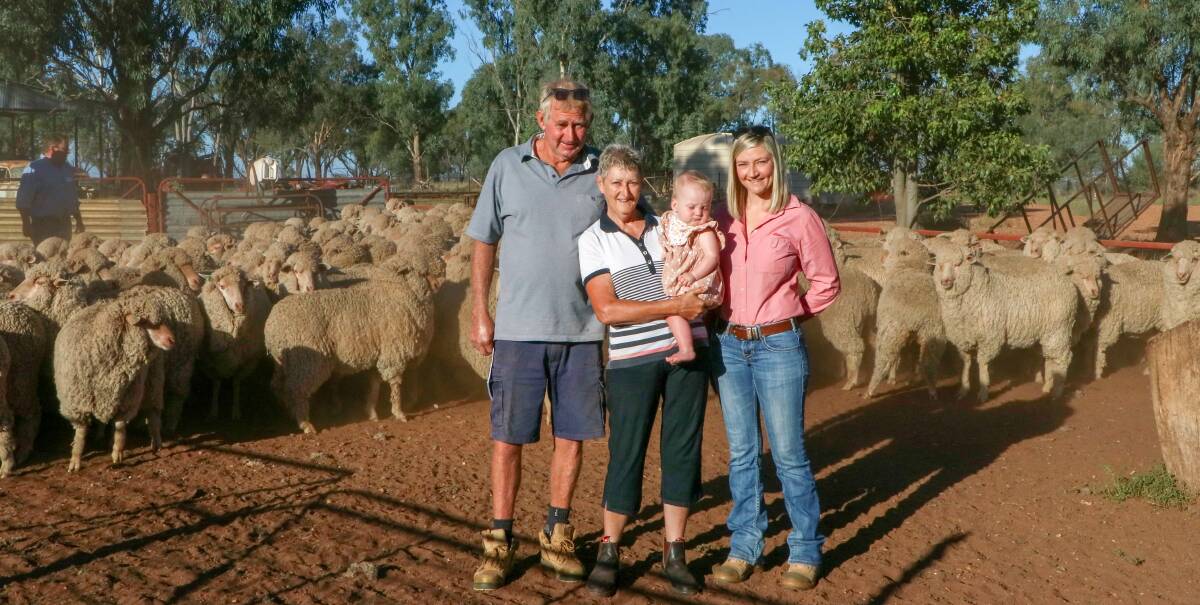 PEOPLE'S CHOICE: Ross and Anne Noble of Hillview, Caragabal, with daughter Rochelle Gaffey and granddaughter May Gaffey, in front of their Egelabra blood ewes. Photo: Rebecca Maslin