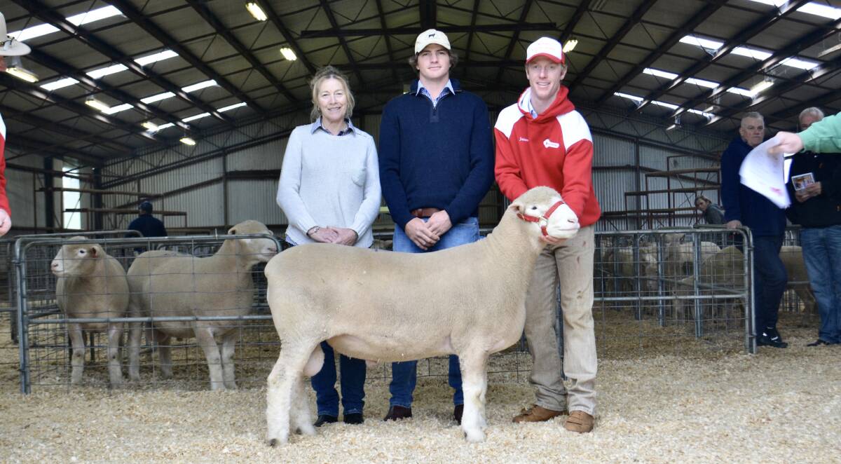 The $18,000 third-top priced ram with buyers Christine and Toby O'Leary of Narranmore Poll Dorset stud, Elong Elong, and James Gilmore of Tattykeel, Black Springs. 