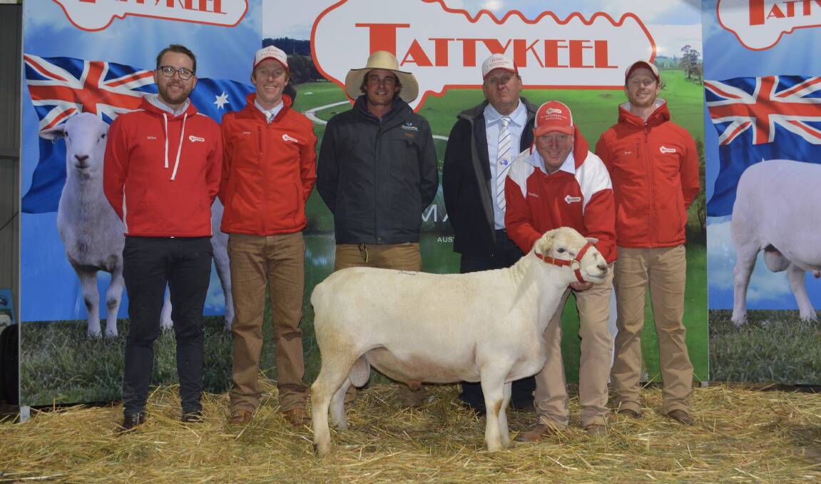 The $165,000 top-priced ram purchased by online buyers Flaxley Australian White stud, Flaxley, SA, with auctioneer Miles Pftizner, Adelaide, SA, James Gilmore of Tattykeel, AuctionsPlus representative Struan Pearce, Millthorpe, QPL Rural director Craig Pellow, Temora, and Graham and Ross Gilmore of Tattykeel, Black Springs. 