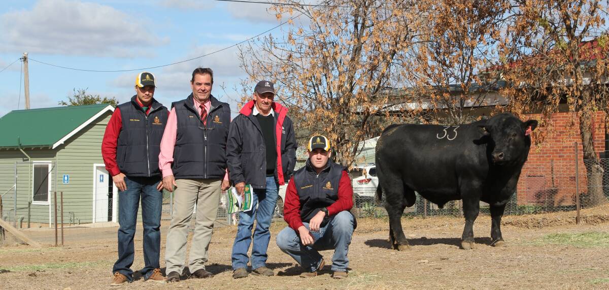 Farrer Memorial Agricultural High School student Luke Howes, Gunnedah, with Elders stud stock representative Brian Kennedy, Armidale, purchaser of the $9000 top-priced bull James Laurie from Knowla Livestock, Moppy, and student Aron Patterson, Tamworth. 