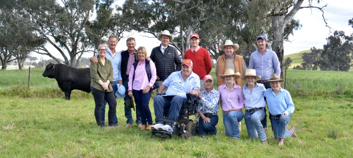 Dimity and Ross Thompson, Jim and Jackie Wedge, Paul Dooley, Andrew Bickford, Mike Wilson, Trent Walker, (front) Josh Clift, Jane Thompson and Millie, Ollie and Twiggy Thompson. Photo: Hannah Powe 