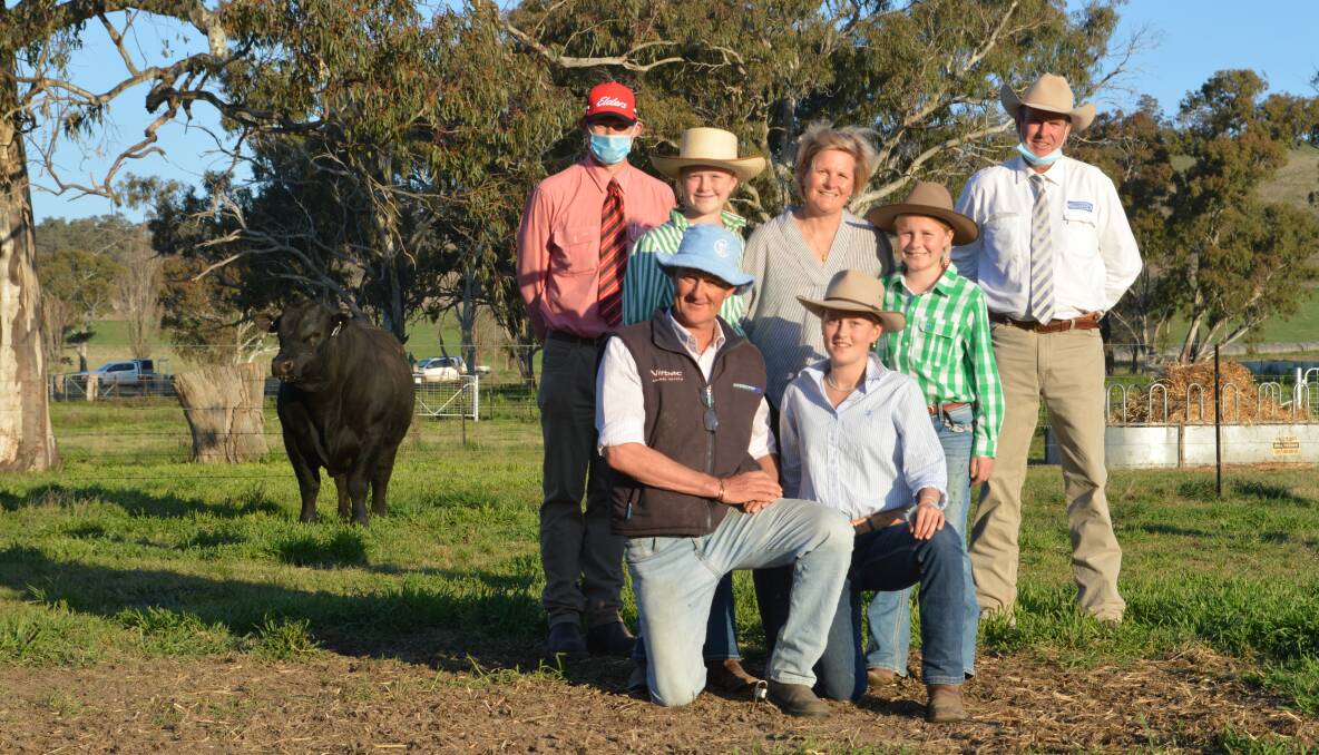 The $280,000 Australian Angus record top-priced bull with Elders agent Andrew Bickford, Bathurst, auctioneer Paul Dooley, Tamworth and Millah Murrah's Ross and Dimity Thompson and their daughters Millie, Olivia and Twiggy. 
