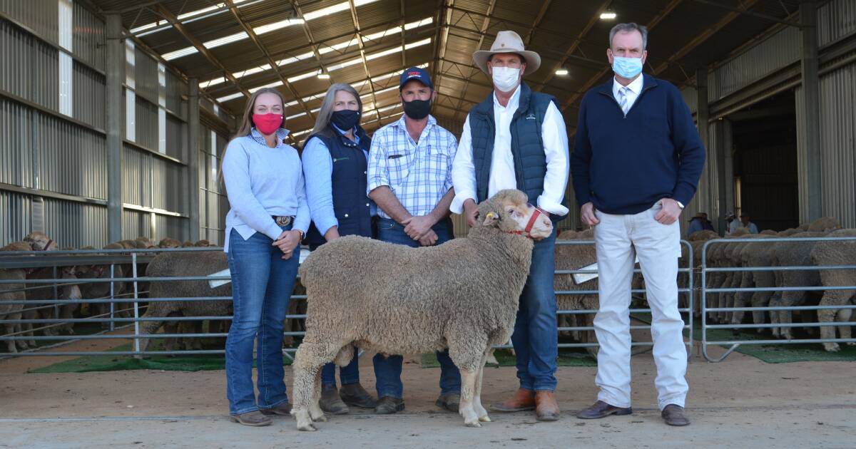 Volume buyers Caitlyn, Katrina and James Ridgway of Gantag Pty Ltd, Avenel, Vic, with their $12,000 purchase and Nigel Kerin and Paul Dooley. 