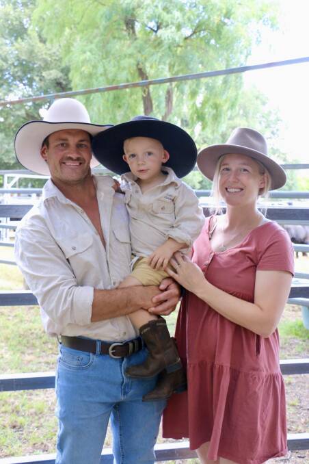 The Lucas family: Ben and Bailey Lucas with son Fletcher, Baylen Angus, Book Book, bought two heifers at the Reiland Angus 50th anniversary sale. Photo: Kim Woods 