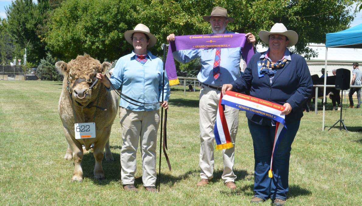 GRAND BULL: Senior and grand champion bull, Minto Jock, led by Christine Hart, Minto Galloways, Yass, with Colin McNeil, Bemboka, and judge Renae Keith, Allenae Angus and Poll Herefords, Roslyn. 