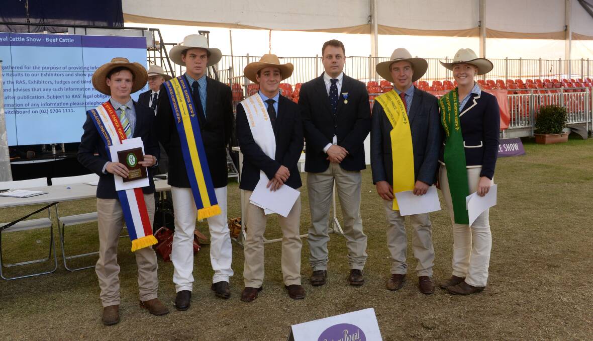 The RAS/ASC beef cattle young judges state final champion Cooper Carter, reserve champion Jack McKemey, third Riley Catts, the international over judge PJ Budler, Fort Worth, Texas, fourth Oliver Jeffery, and fifth Lauren Moody.