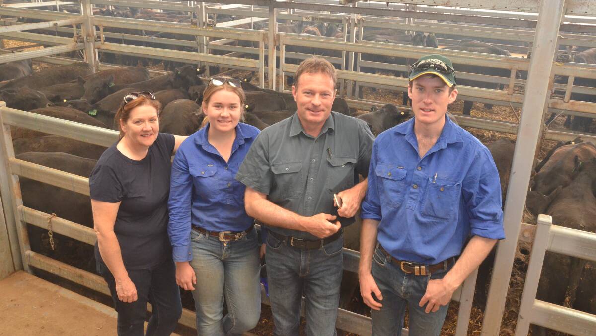 Karen,Sarah, Chris and James White, Barambogie Farm, Chiltern, Vic, presented 10 Angus steers and five heifer weaners t their second Wodonga Blue Ribbon Wean Sale. The steer draft of Bluevale blood aged 10 to 12 months averaged $342kg. Photo: Mark Griggs