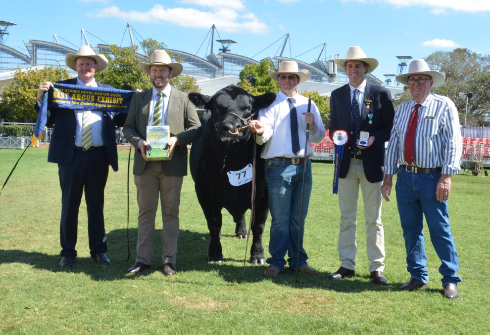 Judge Troy Setter, CPC, Brisbane, Qld, sponsor Shannon Lawlor, the supreme champion Angus exhibit Hillview Quigley Q18 led by handler Kierin Martin, Forbes, RAS councillor Michael MacCue, Bellata and owner Danny Hill Hillveiw Angus, Bungendore.