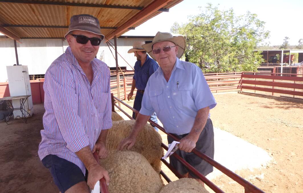 Justin McCarten and his father Greg McCarten, Glen Echo, Rankin Springs, with their third placed flock of One Oak blood ewes. 