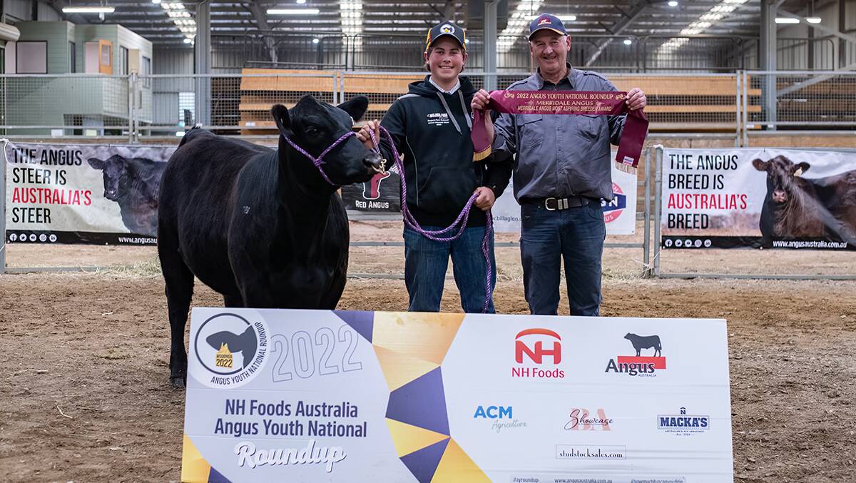 Merridale Angus Aspiring Breeder Award recipient Darby McClaren, Graytown, Vic, with Peter Collins, Merridale Angus, Tennyson, Vic. Photo: Branded Ag