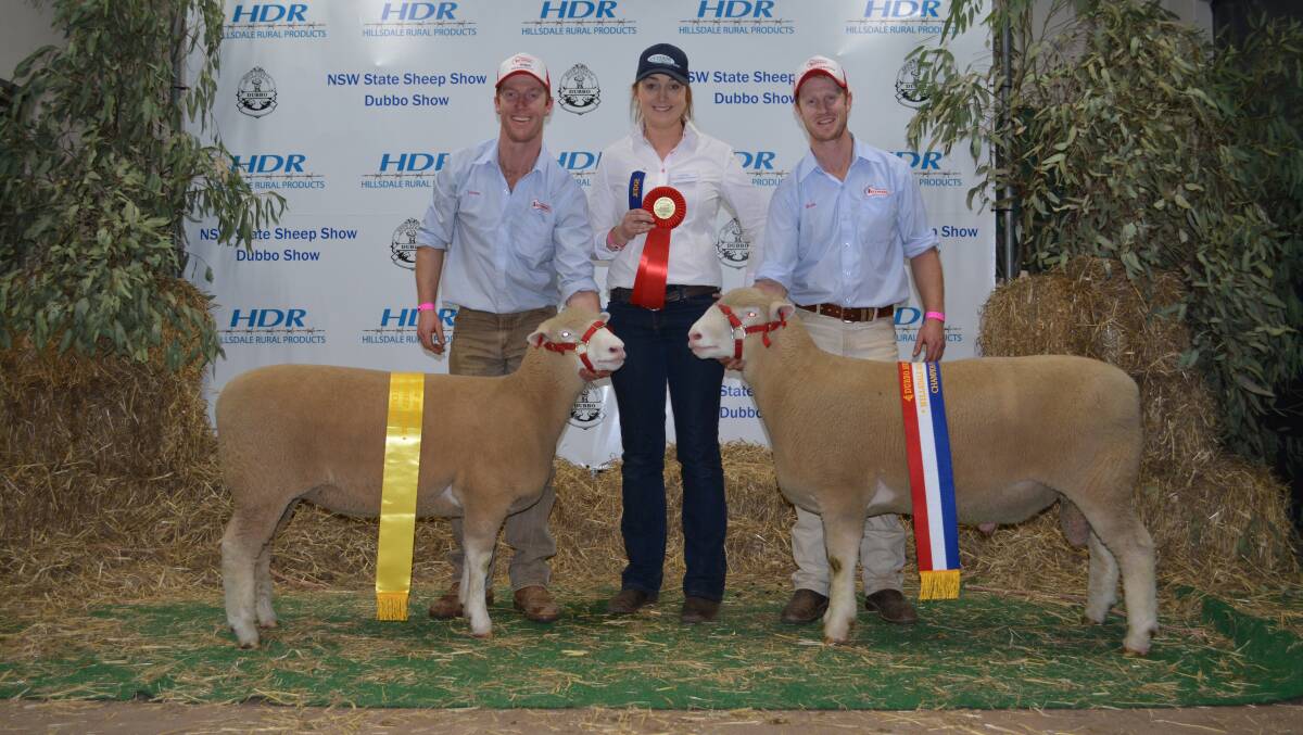 James and Ross Gilmore from Tattykeel Poll Dorsets hold the stud's supreme exhibit winning ewe and grand champion Poll Dorset ram alongside judge Esther Glasgow, Estjam Poll Dorsets, Victoria. 