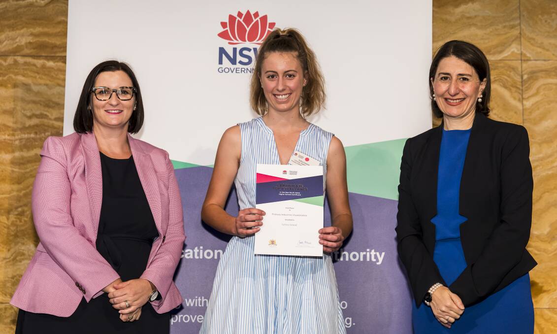 NSW Education Minister Sarah Mitchell, Higher School Certificate primary industries first in course recipient Safina Ireland, Calrossy Anglican School, and NSW Premier Gladys Berejiklian. Photo: NSW Education Standards Authority