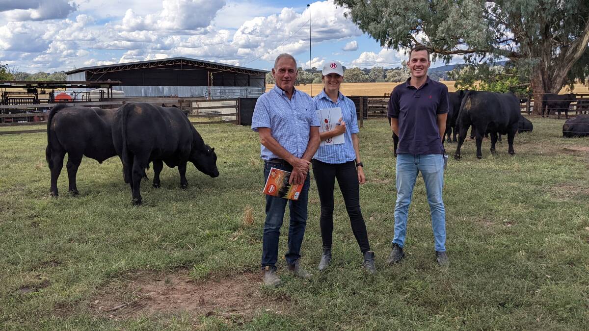 Malcolm, Annabelle and Sam Davies of Greenwald Pastoral Company, Foster, Vic, with some of the 19 bulls they selected for a $17,736 average.