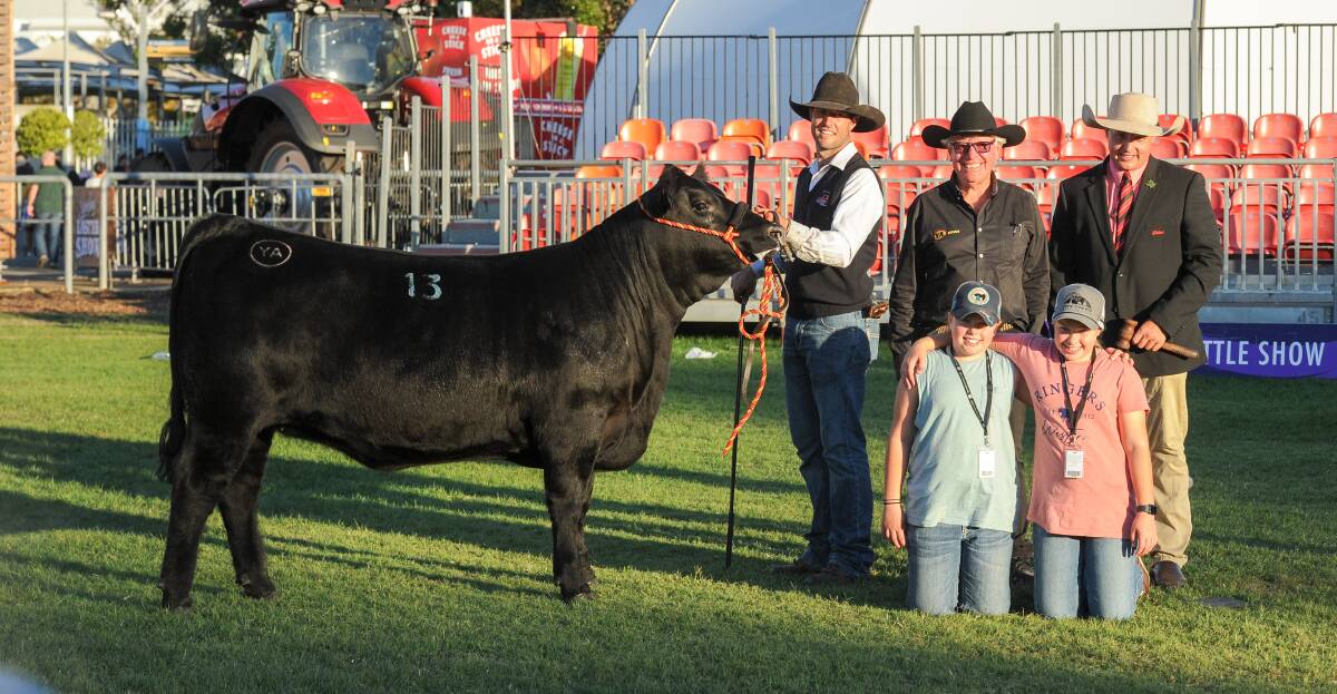 The $20,000 sale-topping heifer Yamba Justine R2 led by Stuart Hobbs, Molong, with vendor Brian Powell, Yamba Angus, Orange, auctioneer Lincoln McKinlay, Elders, and buyers Jayde and Sienna Grylls, EJ Angus, Pakenham, Vic. Photo: Lucy Kinbacher