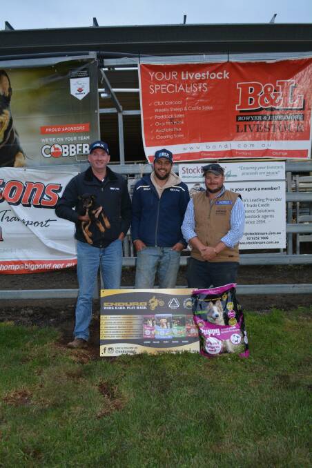 RLX regional infrastructure CEO Cye Travers with CTLX operations manager Brock Syphers and Koonama Working Kelpies' Nick Foster, Boorowa, and the eight-week-old pup which RLX and AAM purchased for $7500 with all proceeds going to TIACS.