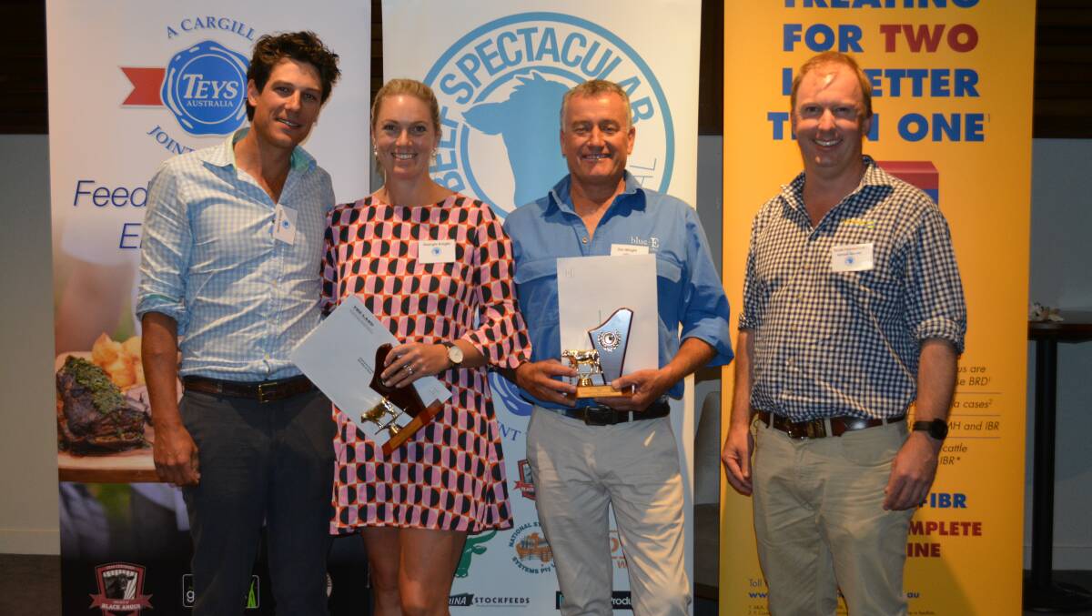 Equal winners fo the feedlot performance section went to James and Georgie Knight of RG. Allen and Sons, Mortlake, Vic, and Jon Wright of Coota Park Blue-E, Woodstock, pictured with sponsor Scott Hannaford of Coopers Animal Health.