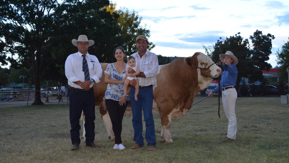Michael Glasser, GTSM, with Queensland based volume buyers Paula and Dean Armstrong and baby Odette, and their top-priced purchase held by Maddie McColl.