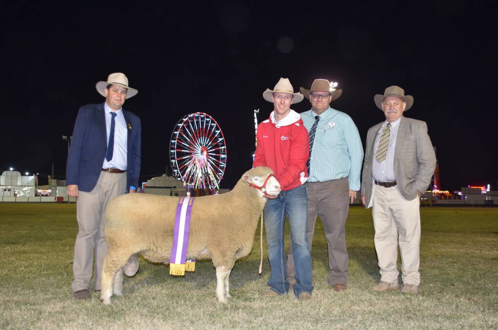 The supreme inter-species exhibit of the Dubbo Show with show president Wes Temessl, James Gilmore of Tattykeel, show vice-president Lucas Pascoe and judge Grame Hopf.