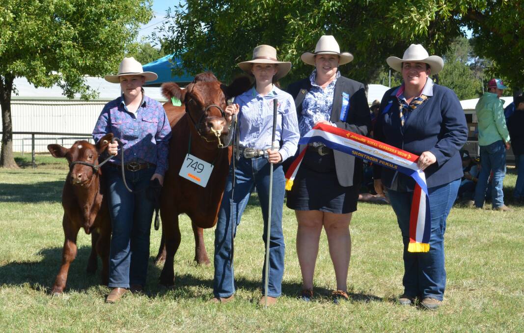 SENIOR FEMALE: Murrumburrah High School students April Drew and Vanessa Stone parade Murrumburrah Nancy to take the senior champion sash. Pictured with judges Emily Polsen, Grace Valley Livestock, Yass, and Renae Keith, Allenae Angus and Poll Herefords, Roslyn. 