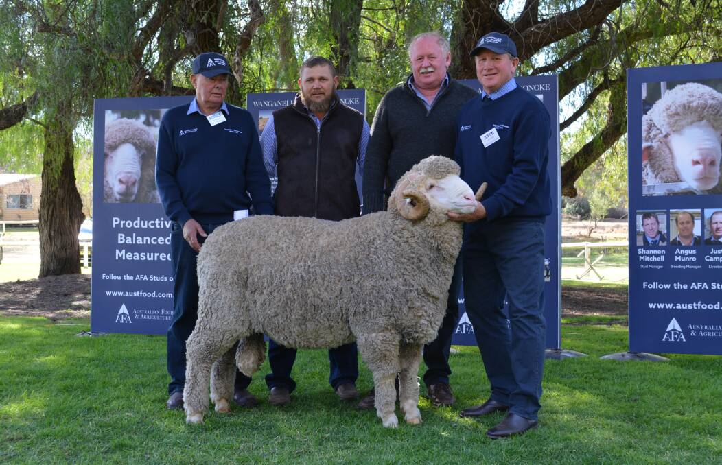 AFA's Forbes Corby, with Jade Lane and Rodney Kent from Kurrajong Park Merinos, and the $30,000 private sale ram held by Justin Campbell. 