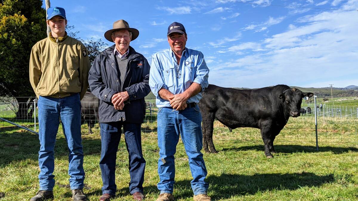 Will and Harold Shaw, Shaw Pastoral, Tumut, with Crawford's Luke Graham and the top-priced bull, Crawford Q510. 