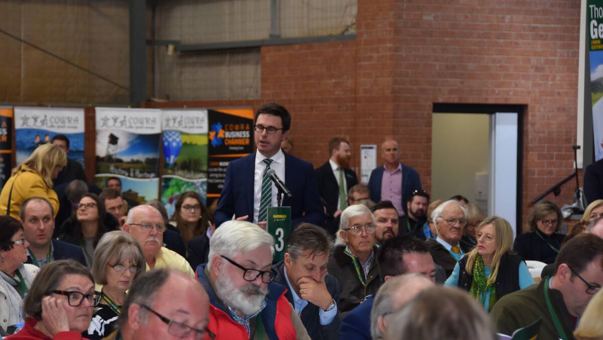 Federal Agriculture Minister David Littleproud addresses the NSW Nationals conference in Cowra. Amendments to the new Native Vegetation regime were high on delegates' agenda, while a vote was passed for the Federal government to express disappointment to India over tariffs placed on pulses and fruit.