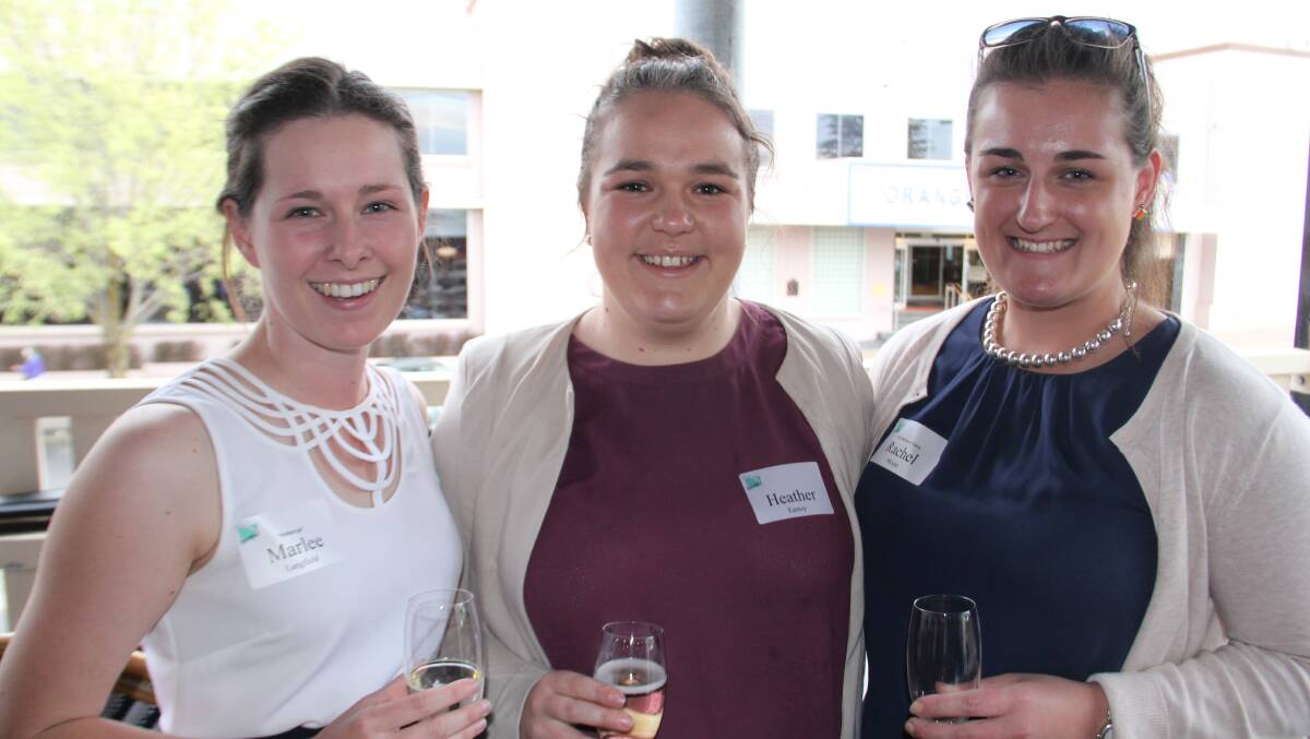 Marlee Langfield, Cowra, Heather Earney, Bedgerabong, and Rachel Moore, First National Cowra at the NSW Farmwriters' Agribuzz event at Orange on Thursday night. 